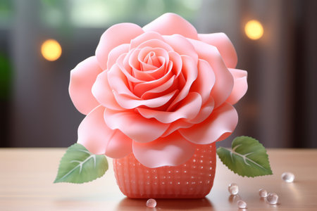 Decorative pink rose in vase on wooden table, closeupの素材