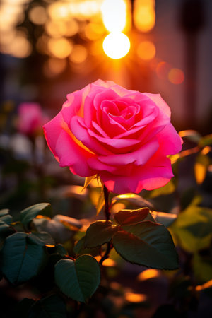 Beautiful pink rose flower in the garden at sunset. Selective focus.の素材