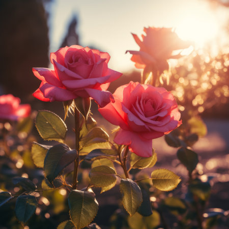 Beautiful pink roses in the garden at sunset. Nature background.の素材