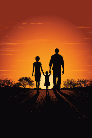 Silhouette of a family on sunset background. Vector illustration.の素材