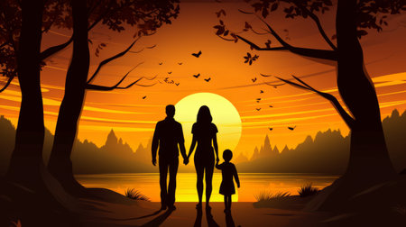 Family in the forest at sunset. illustration. EPS10 vector.の素材