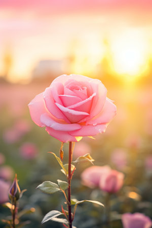 Beautiful pink rose blooming in the garden with sunset background.の素材