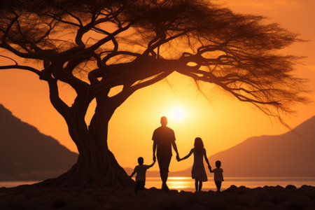 Silhouette of family under a big tree at sunset in Africaの素材