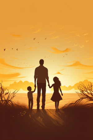 Father and two kids walking in the countryside at sunset. Vector illustration.の素材