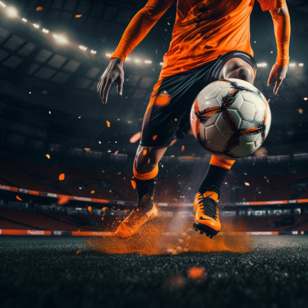 Soccer player in action kicking the ball on the field of stadiumの素材