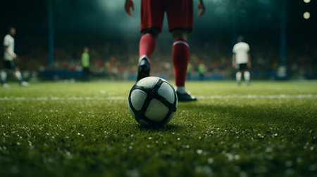 Soccer player in action with ball on green field at night.の素材