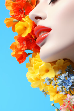 Close up of a mannequin face with flowers on blue backgroundの素材