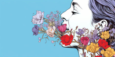 Illustration of a young woman with a bouquet of flowers.の素材