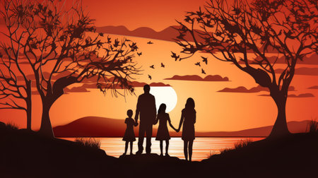 Family silhouette at sunset. Vector illustration of family silhouette at sunset.の素材
