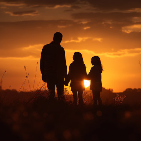 Silhouette of a family with children on a sunset background.の素材
