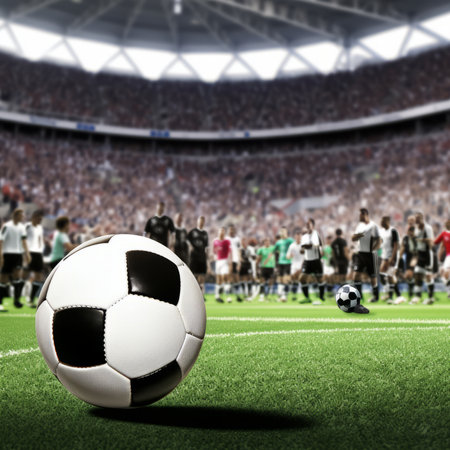 soccer ball on the field of stadium with crowd of football playersの素材