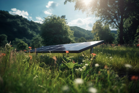 Solar panels in the meadow. Alternative energy concept. Selective focus.の素材