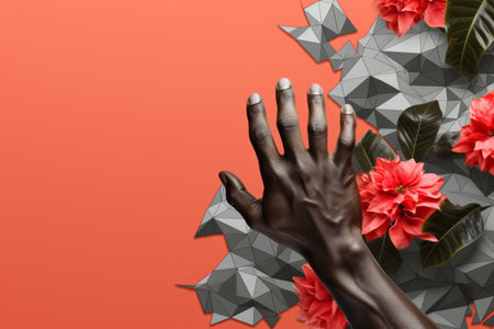 Black female hand with black manicure, red flower and gray polygonal background. Top view, copy spaceの素材