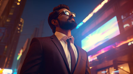 Handsome bearded Indian businessman in a business suit and sunglasses in the city at nightの素材