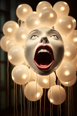 Screaming and screaming mask with white balloons in the background.の素材