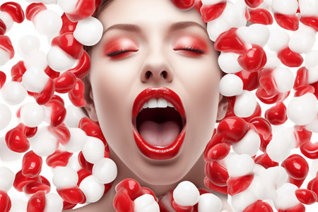 Portrait of beautiful woman with red lips and white hearts around her.の素材