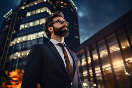 Portrait of a handsome young man in business suit and sunglasses outdoorsの素材