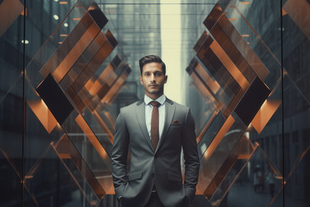 Portrait of a young handsome businessman in a business suit standing on a glass wall background.の素材