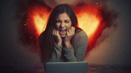 Scared woman with laptop computer and red heart in the background.の素材