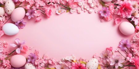 Easter eggs and spring flowers on pink background. Happy Easter conceptの素材