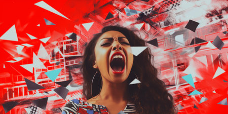 Portrait of a beautiful young woman screaming against red and blue backgroundの素材