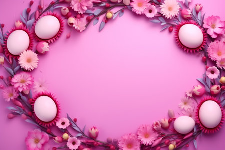 Easter eggs and spring flowers on pink background. Top view with copy spaceの素材