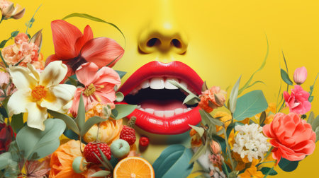 Funny face made of flowers and fruits on yellow background with copy spaceの素材