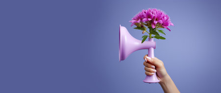 Female hand holding pink megaphone with flower on purple background.の素材
