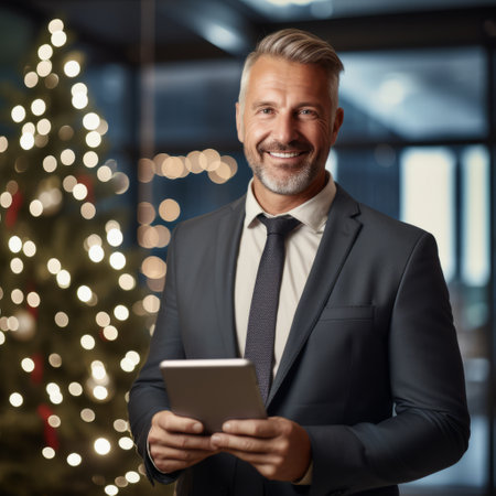 A man in a suit holding a tablet in front of a christmas treeの素材