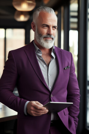 A man in a purple suit holding a tabletの素材