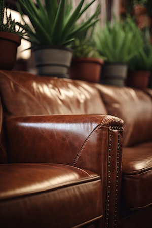 A close up of a leather couch with potted plantsの素材