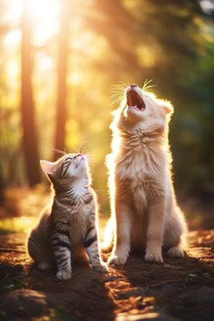 Paws and Whiskers Unite. Cat and Dog Enjoying a Peaceful Day Togetherの素材
