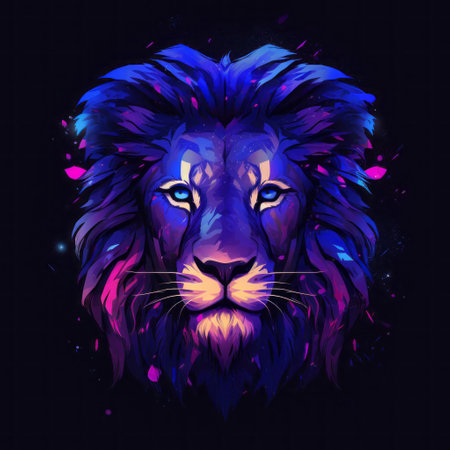 A lion with blue eyes and a purple maneの素材