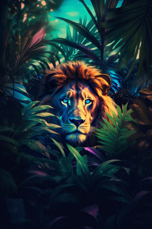 A painting of a lion in the jungleの素材