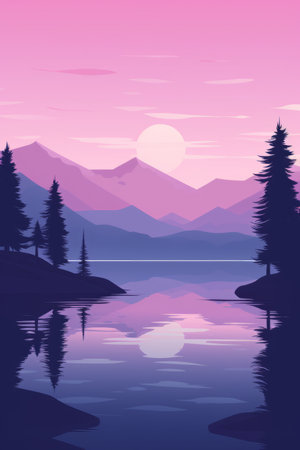 A painting of a lake with mountains in the backgroundの素材