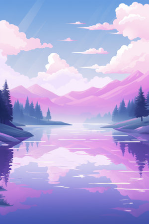 A painting of a lake with mountains in the backgroundの素材