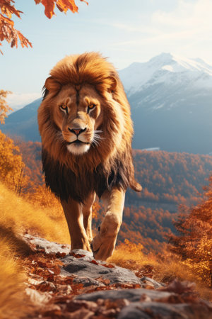 A lion walking down a hill with a mountain in the backgroundの素材