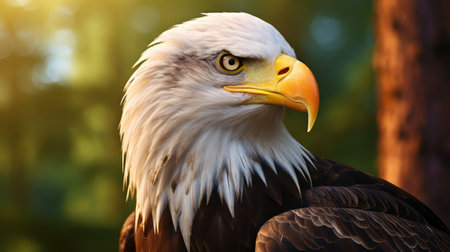 A bald eagle standing next to a treeの素材