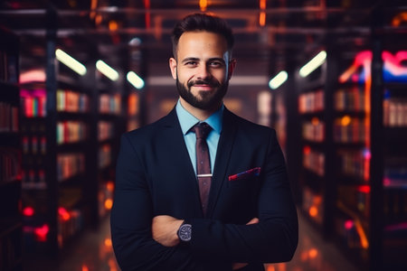 A man in a suit and tie standing in a libraryの素材