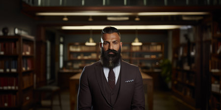 A man in a suit and tie standing in a libraryの素材
