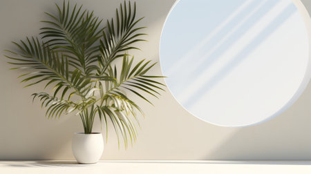 Podium stage pedestal A potted plant next to a round mirror on a wallの素材