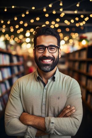 A man with a beard and glasses standing in a libraryの素材