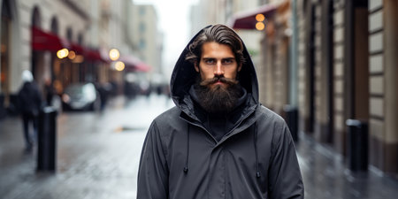 A man with a long beard and a hooded jacketの素材