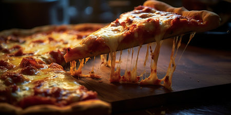 A slice of pizza being lifted from a pizza panの素材