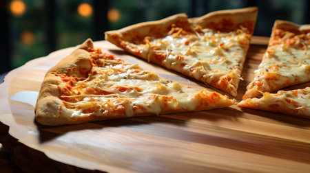 Cheese Pizza on Wooden Stand at Cafの素材