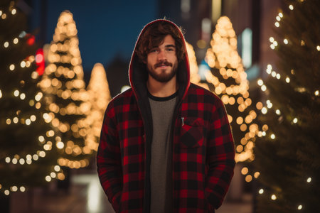 A man standing in front of christmas lightsの素材