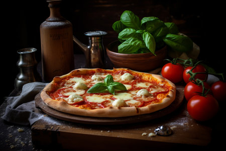 Wooden Board Display. Slices of Mouthwatering Pizzaの素材