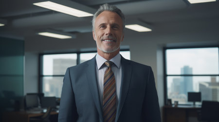 A man in a suit and tie standing in an officeの素材