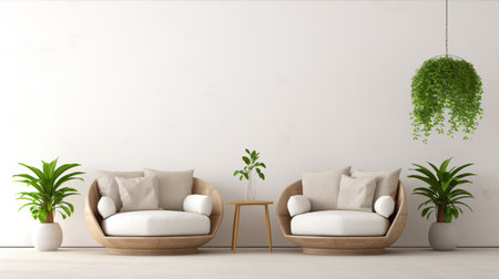 Two chairs and a table with plants in themの素材