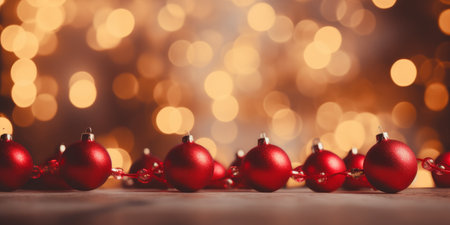 A row of red christmas ornaments sitting on top of a tableの素材